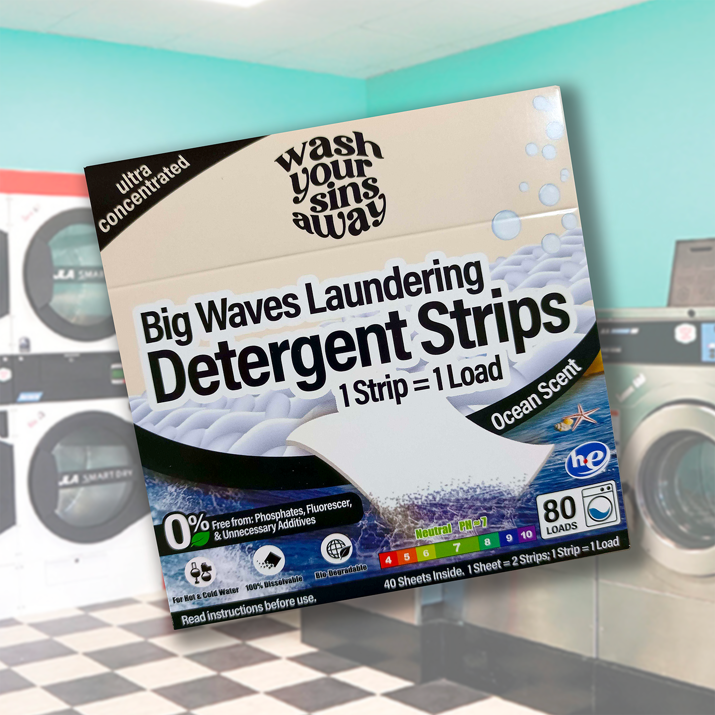 One box of laundry detergent strips in front of laundromat scene